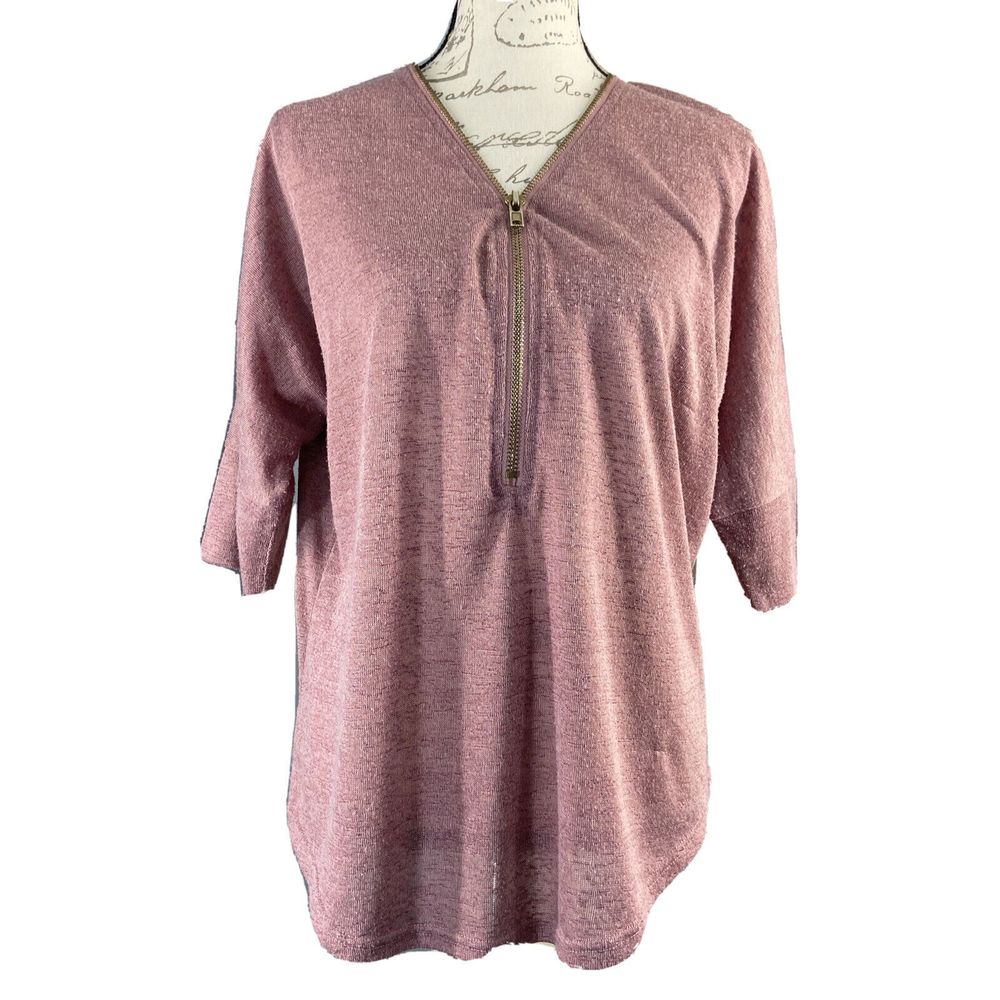 Womens Sweater M Mauve Zipper V Neck Stretch Top Knit Dolman Demanding‎